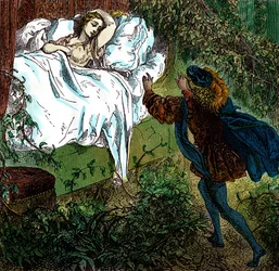 „Dornröschen“ Prinz Charming nähert sich der schönen schlafenden Prinzessin. Gravur von Gustave Doré für „Les Contes“ von Charles Perrault