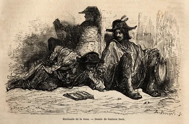 Studenten der Tuna (oder Tunantes) im Bezirk der Universität von Alcala de Henares, die Besonderheit dieser Studenten, die ein müßiges, freies und wanderndes Leben angenommen haben, ist es, nicht zu studieren, Skizze nach dem Leben von Gustave Dore. Gravur