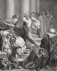 Die Käufer und Verkäufer aus dem Tempel vertrieben, Lukas 19:45-46, Illustration aus Dorés 