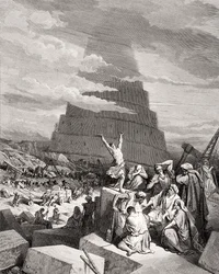 Die Sprachverwirrung, Genesis 11:7-9, Illustration aus Dorés „The Holy Bible“, gestochen von Maurand, 1866