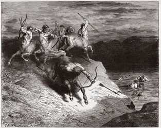 Die Göttliche Komödie, Inferno, Gesang 12: Die Zentauren greifen die Seelen im kochenden Blut an (Illustration von Gustave Doré)