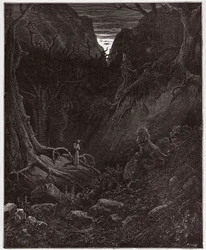 Die Göttliche Komödie (La Divina Commedia), Inferno, Gesang 1: Der Löwe konfrontiert plötzlich Dante - von Dante Alighieri (1265-1321) - Illustration von Gustave Doré (1832-1883)