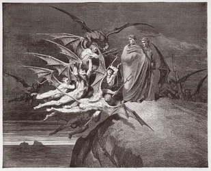 Die Göttliche Komödie, Inferno, Gesang 21: Die Dämonen bedrohen Virgil (Illustration von Gustave Doré)