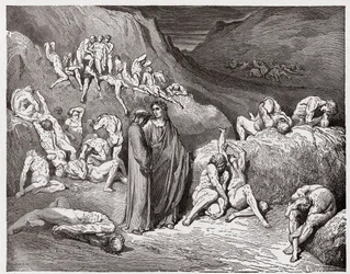 Die Göttliche Komödie, Inferno, Gesang 29: Die Fälscher und Fälscher werden mit Juckreiz gequält (Illustration von Gustave Doré)