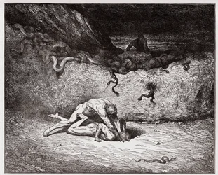 Die Göttliche Komödie, Inferno, Gesang 30: Die Qual der Fälscher in der neunten Bolgia (Gianni Schicchi) (Illustration von Gustave Doré)