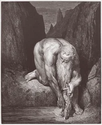 Die Göttliche Komödie, Inferno, Gesang 31: Der Riese Antäus senkt Dante und Virgil in den letzten Kreis (Illustration von Gustave Doré)