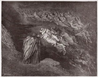 Die Göttliche Komödie, Inferno, Gesang 5: Die Seele von Francesca spricht zu Dante (Illustration von Gustave Doré)