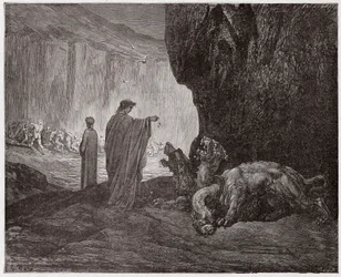 Die Göttliche Komödie, Inferno, Gesang 6: Virgil füttert Cerberus im dritten Kreis (Illustration von Gustave Doré)