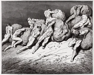 Die Göttliche Komödie (La Divina Commedia, La Divine Comédie), Inferno, 7. Gesang: Die Seelen der Geizigen und der Verschwender, die gezwungen sind, schwere Steine zu rollen - von Dante Alighieri (1265-1321) - Illustration von Gustave Doré (1832-1883)