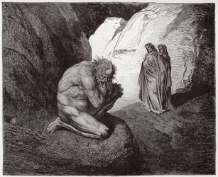 Die Göttliche Komödie (La Divina Commedia), Inferno, Gesang 7: Virgil tadelt Plutus am Eingang zum vierten Kreis - von Dante Alighieri (1265-1321) - Illustration von Gustave Doré (1832-1883)