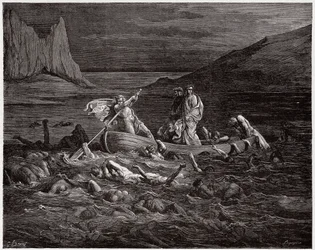 Die Göttliche Komödie (La Divina Commedia, La Divine Comédie), Inferno, 8. Gesang: Phlegyas setzt Dante und Vergil über den Styx - von Dante Alighieri (1265-1321) - Illustration von Gustave Doré (1832-1883)