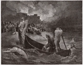 Die Göttliche Komödie, Inferno, 8. Gesang: Vergil und Dante gehen an der Zitadelle von Dis an Land - von Dante Alighieri (1265-1321) - Illustration von Gustave Doré (1832-1883)