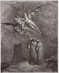 Die Göttliche Komödie (La Divina Commedia, La Divine Comedie), Inferno, Gesang 9: Die abscheulichen Erinyes: Megaera, Tisphone, Alecto - von Dante Alighieri (1265-1321) - Illustration von Gustave Dore (1832-1883)