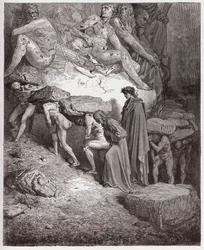 Die Göttliche Komödie, Purgatorio, Gesang 11: Die Seelen der Stolzen, schwere Steine tragend (Illustration von Gustave Doré)