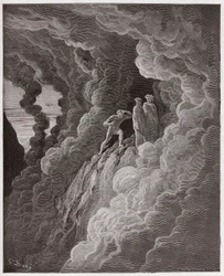 Die Göttliche Komödie, Purgatorio, Gesang 16: Marco Lombardo folgt den Dichtern durch den Rauch - von Dante Alighieri (1265-1321) - Illustration von Gustave Doré (1832-1883)