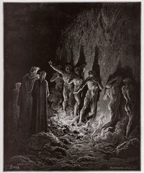Die Göttliche Komödie, Purgatorio, Gesang 25: Die Lüsternen gehen durch das Feuer im siebten Kreis - von Dante Alighieri (1265-1321) - Illustration von Gustave Doré (1832-1883)