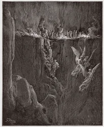 Die Göttliche Komödie, Purgatorio, Gesang 25: Virgil und Dante steigen durch Flammen in den siebten Kreis auf - von Dante Alighieri (1265-1321) - Illustration von Gustave Doré (1832-1883)