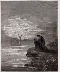 Die Göttliche Komödie, Purgatorio, Gesang 2: Dante verneigt sich vor dem Engelspiloten (Illustration von Gustave Doré)