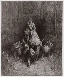Die Göttliche Komödie, Purgatorio, Gesang 32: Der Riese und die Hure im Wagen (Illustration von Gustave Doré)