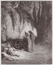 Die Göttliche Komödie, Purgatorio, Gesang 4: Die trägen Seelen neben dem Felsen (Illustration von Gustave Doré)