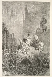 Der Untergang von König Pellams Schloss, aus Geschichten der Tage von König Artus von Charles Henry Hanson, veröffentlicht 1898