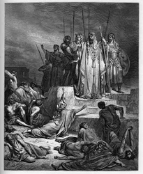 Die Hungersnot in Samaria - Altes Testament: Belagerung von Samaria. Der König von Syrien belagert die Stadt Samaria und reduzierte sie zu einer schrecklichen Hungersnot - - Gravur in "Die illustrierte Bibel" von Gustave Dore (1832-1883) - Gravur aus "Die 