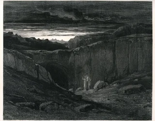 Die Hölle von Dante Alighieri (Die Göttliche Komödie) illustriert von Gustave Doré. Französische Ausgabe von 1861. Dante und Virgil am Eingang zur Hölle: „Lasciate ogni speranza, voi che 