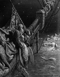 Der Seemann blickt auf die Schlangen im Ozean, Szene aus „The Rime of the Ancient Mariner“ von S. T. Coleridge, veröffentlicht von Harper and Brothers, New York, 1876