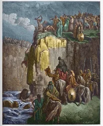 Das Abschlachten der Propheten Baals - Der Prophet Elija lässt die Priester Baals umkommen - Gravur in Die illustrierte Bibel von Gustave Doré - Gravur aus Die Doré-Bibel