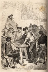 Die Baratero-Waffe der Navaja, fordert den Barato, Tribut, den er auf die Höhe der illegalen Spiele erhebt. Zeichnung von Gustave Dore (1832-1883) zur Illustration seiner Reise nach Spanien im Jahr 1862 mit Ch. Davillier. Gravur in 