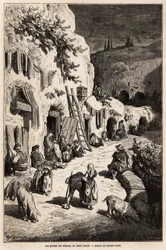 Die Höhlen (unterirdische Häuser) der Zigeuner, in Sacro Monte, in Granada. Zeichnung von Gustave Doré, zur Illustration seiner Reise nach Spanien im Jahr 1862, begleitet von Ch. Davillier. Gravur in „Le tour du monde“, herausgegeben von Edouard Charton