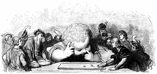 Die Erziehung des Kindes Gargantua: Er lernt, die Würfel zu spielen. Illustration von Gustave Doré für das Werk von François Rabelais.