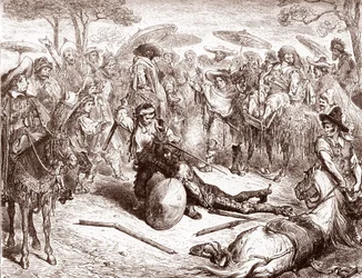 Die Kaufleute von Toledo sehen zu, wie einer ihrer Maultiertreiber Don Quijote schlägt, Gravur von Gustave Doré für 