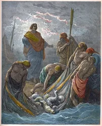 Der wunderbare Fischfang - Wunderbares Fischen - Gravur in „Die illustrierte Bibel“ von Gustave Doré (1832-1883) - Gravur aus „Die Doré-Bibel“.