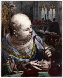 Die Pilger werden in Salaten gegessen - Illustration aus „Gargantua und Pantagruel“ von François Rabelais - Gravur von Gustave Doré