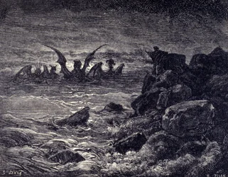 Der Prophet Daniel sieht Monster erscheinen: Haniel, Kafziel, Azriel, Aniel. Gravur aus der Bibel illustriert von Gustave Doré. 19. Jahrhundert