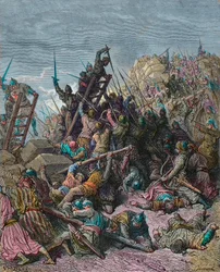 Die Belagerung von Ptolemais während des Dritten Kreuzzugs 1189 - Gravur von Gustave Doré aus „Geschichte der Kreuzzüge“ von Joseph-François Michaud