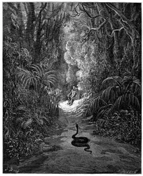 Die Schlange nähert sich Adam und Eva. Illustration von Gustave Doré für „Das verlorene Paradies“ von John Milton (1608-1674). Stich von 1866. Private Sammlung
