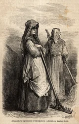 Die Nachleser von Estremadura, mit ihren großen Holzrechen, um den Teil der Ernte aufzusammeln, der nach der Ernte auf den Feldern vergessen wurde. Gravur zur Illustration der Reise nach Spanien von Gustave Dore und Baron Ch. Davillier