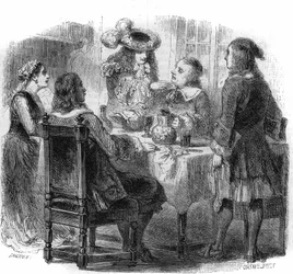 Russischer Zar Peter der Große (1672-1725), untergebracht in Frankreich bei der Familie Kalf, beobachtet die Diskussion zwischen seinem Gastgeber und einem Betrunkenen, dem Marquis de Bernardini. Gravur von Gustave Janet