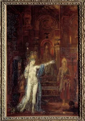 Tätowierte Salome. Salome tanzt im Festsaal des Herodes. Herodes sitzt auf einem hohen Thron und ist von der Schönheit der Zauberin fasziniert.