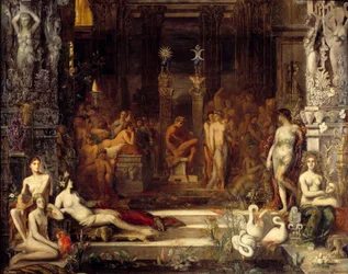 Die Töchter des Thespios. König Thespios hatte fünfzig Töchter, die er mit Herakles (Herkules), in der Mitte dargestellt, vereinen wollte, damit sie alle ein Kind von ihm bekämen. Abm. 2,5x2,5 m, Paris, Musée Gustave Moreau