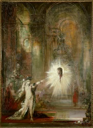 Die Erscheinung. Salome, nach dem Tanz im Festsaal des Herodes, fordert den Kopf von Johannes dem Täufer. Sie zeigt mit dem Finger auf den Kopf des Propheten, während Herodias hinter ihr steht. Gemälde von Gustave Moreau