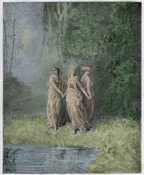Purgatorio, Gesang 29: Nächstenliebe, Hoffnung und Glaube, Illustration aus Die Göttliche Komödie von Dante Alighieri, 1885 (digital kolorierte Gravur)