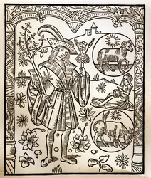 Hirtenkalender - Die Arbeiten der Monate - April - Holzschnitt aus dem Buch von 1496, gedruckt von Guy Marchant (Guido Mercator) in Troyes - Holzschnitt in „Le grand Calendrier et compost des shepherds“