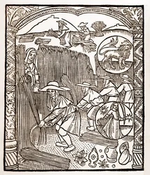 Hirtenkalender - Die Arbeiten der Monate - August - Holzschnitt aus dem Buch von 1496, gedruckt von Guy Marchant (Guido Mercator) in Troyes - Holzstich in „Le grand Calendrier et compost des bergers“