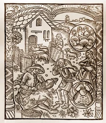 Hirtenkalender - Die Arbeiten der Monate - Juni - Holzschnitt aus dem Buch von 1496, gedruckt von Guy Marchant (Guido Mercator) in Troyes - Holzgravur in „Le grand Calendrier et compost des shepherds“