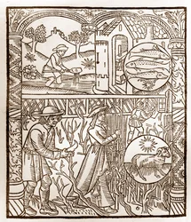 Hirtenkalender - Die Arbeiten der Monate - März - Holzschnitt aus dem Buch von 1496, gedruckt von Guy Marchant (Guido Mercator) in Troyes - Holzgravur in „Le grand Calendrier et compost des shepherds“