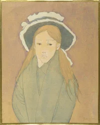 Mädchen mit großem Hut und strohfarbenem Haar, 1910er