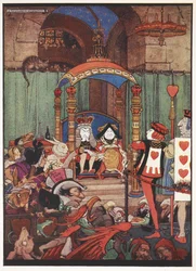 Der König und die Königin der Herzen auf ihrem Thron am Hof während des Prozesses gegen den Buben der Herzen.
